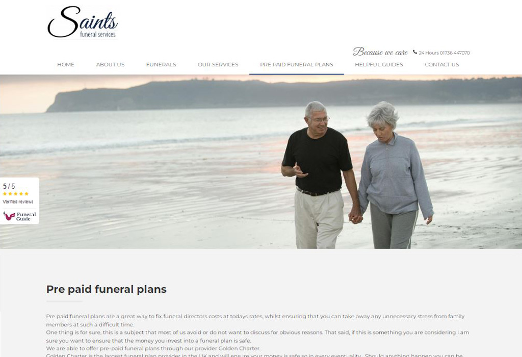 pre-paid funerals page viewed on a laptop
