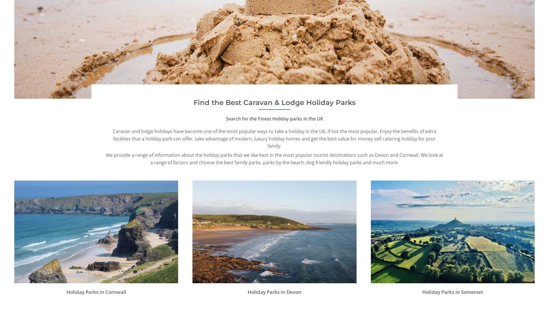 Caravan and Lodge Holidays home page as displayed on a p.c