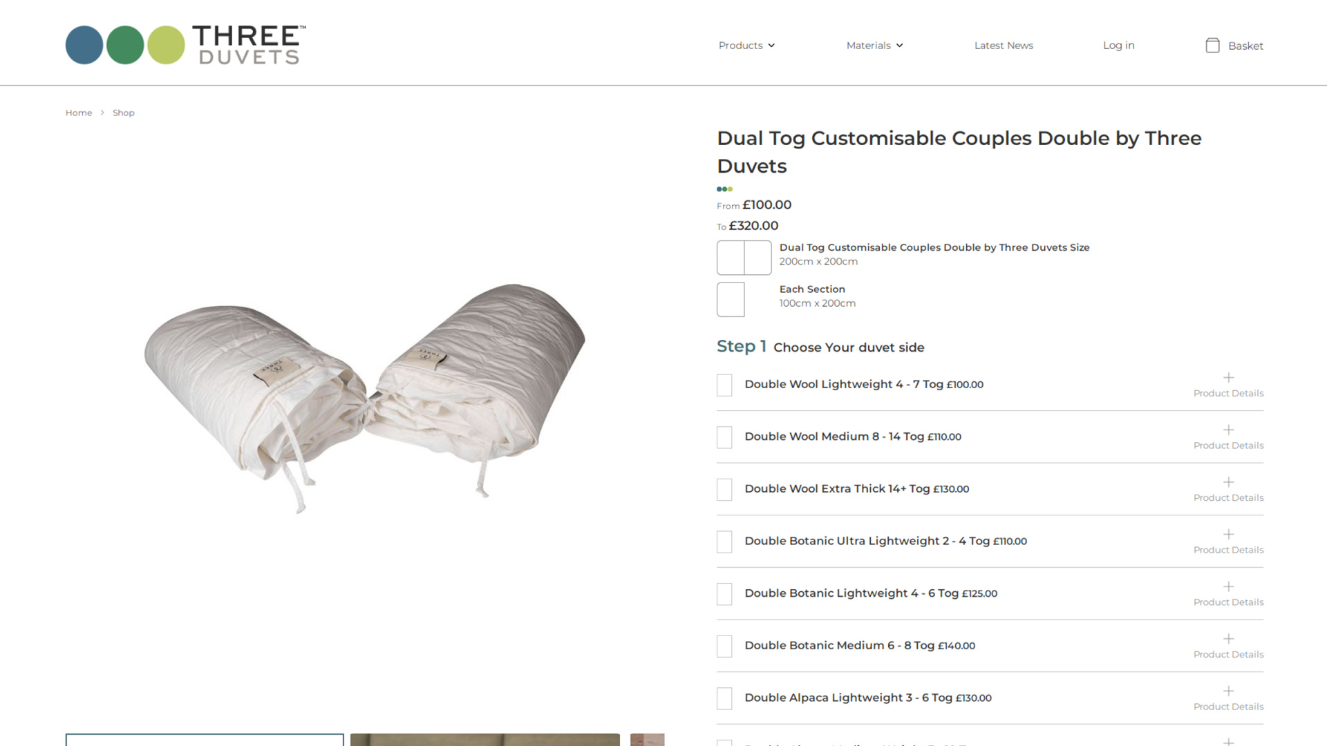 A view of the new Three Duvets website on desktop
