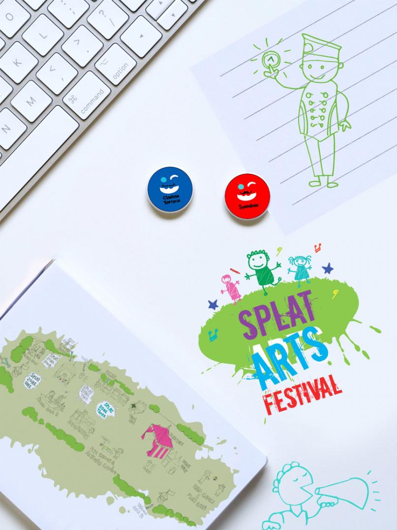 Splat Arts Festival pin bages and bespoke map illustration